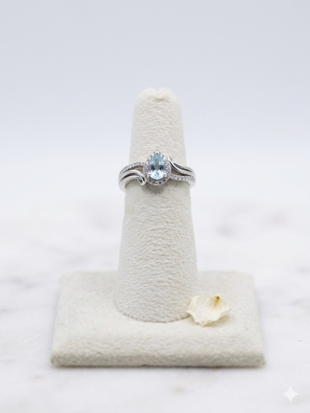 Sterling Silver Aquamarine Pear Halo Engagement Ring